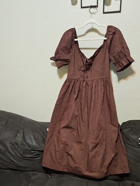 Universal Thread Chocolate Brown Puff Sleeve Midi Dress with Tie Front